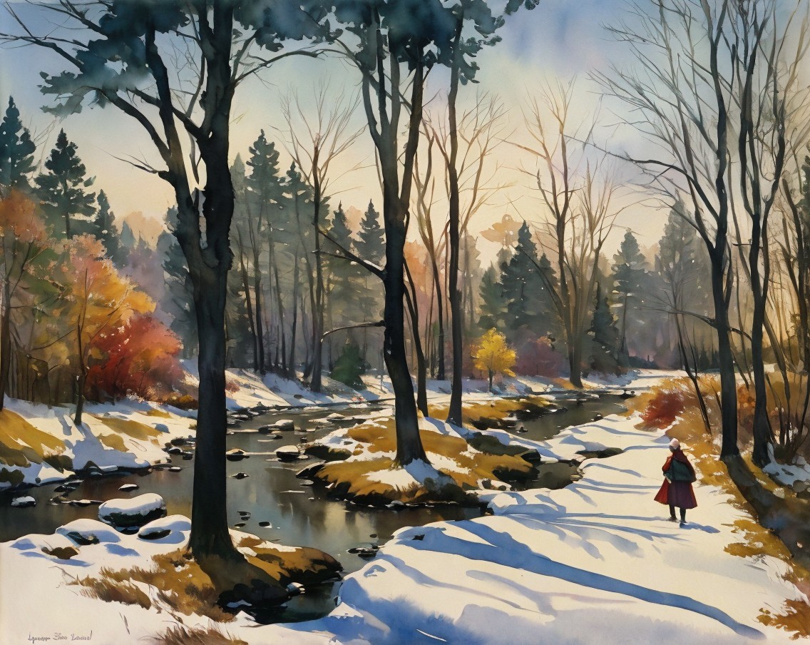 Winter Landscape with River and Snowy Path