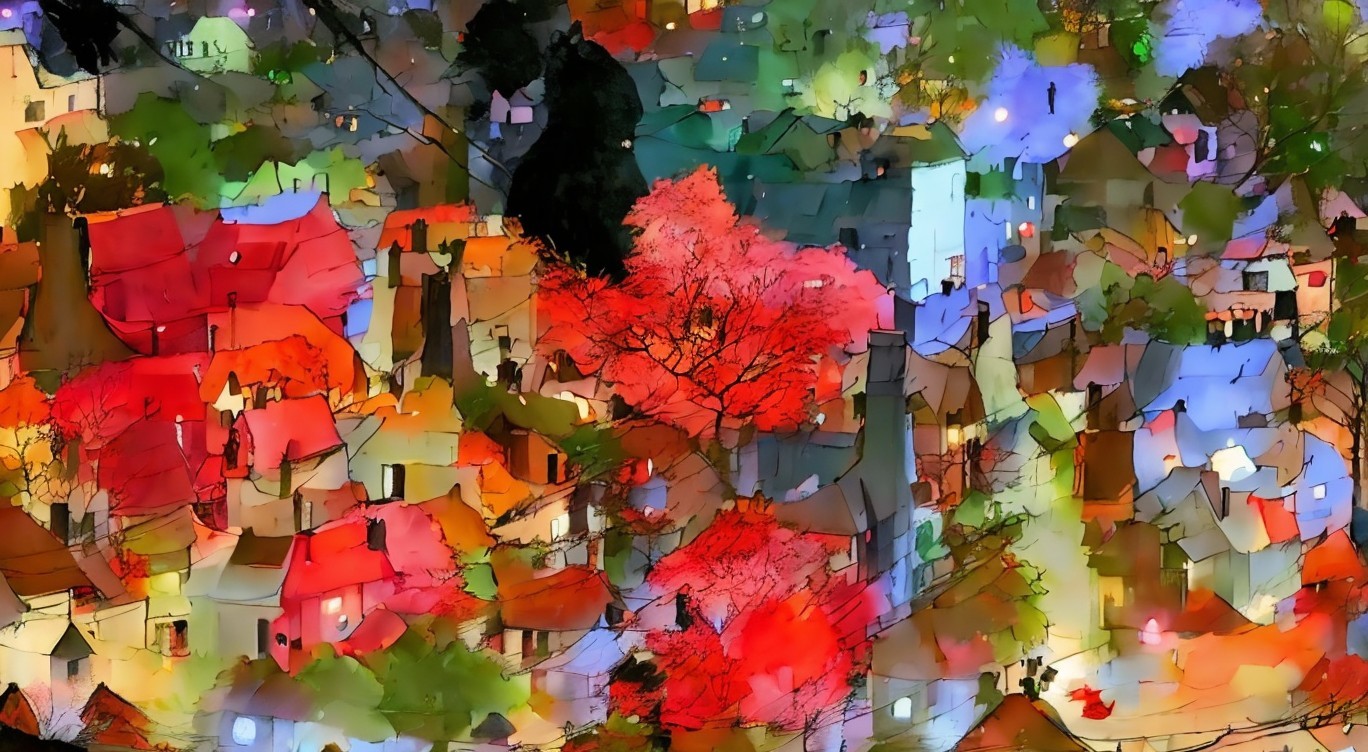 Abstract Village with Colorful Rooftops and Red Tree