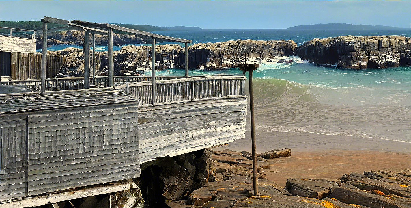 Weathered Boardwalk Over Rugged Coastal Rocks