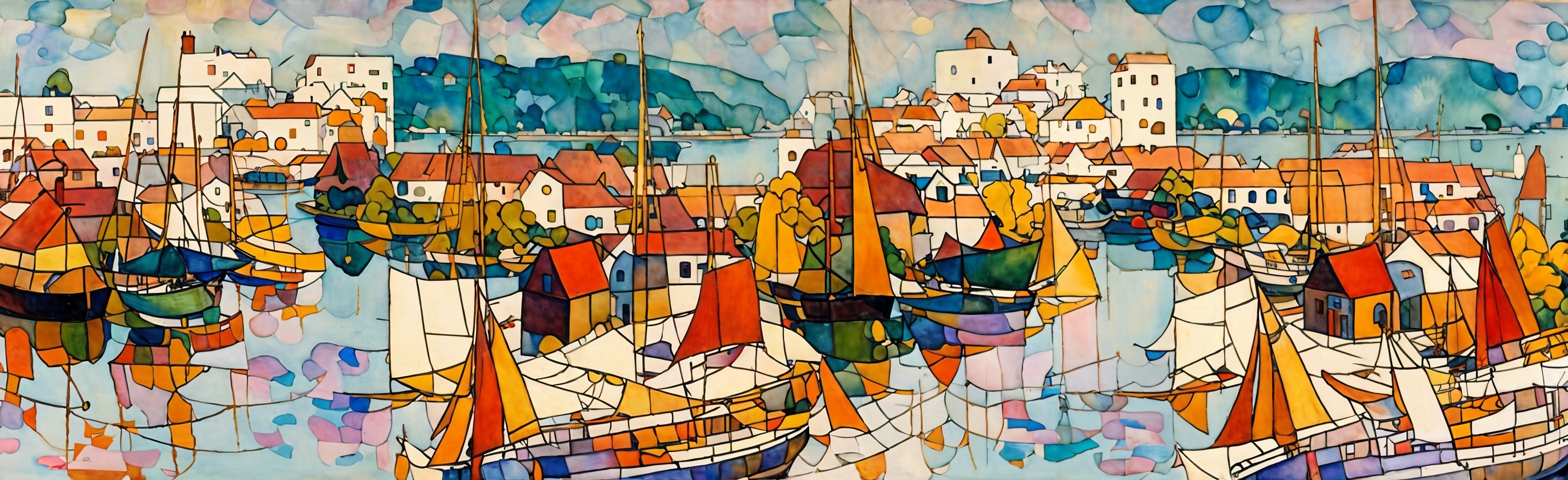 Vibrant Coastal Scene with Colorful Boats and Buildings