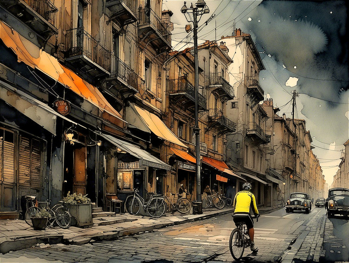 Urban Scene with Cyclist on Cobblestone Street