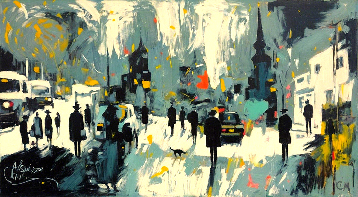Vibrant Abstract Cityscape with Silhouetted Figures