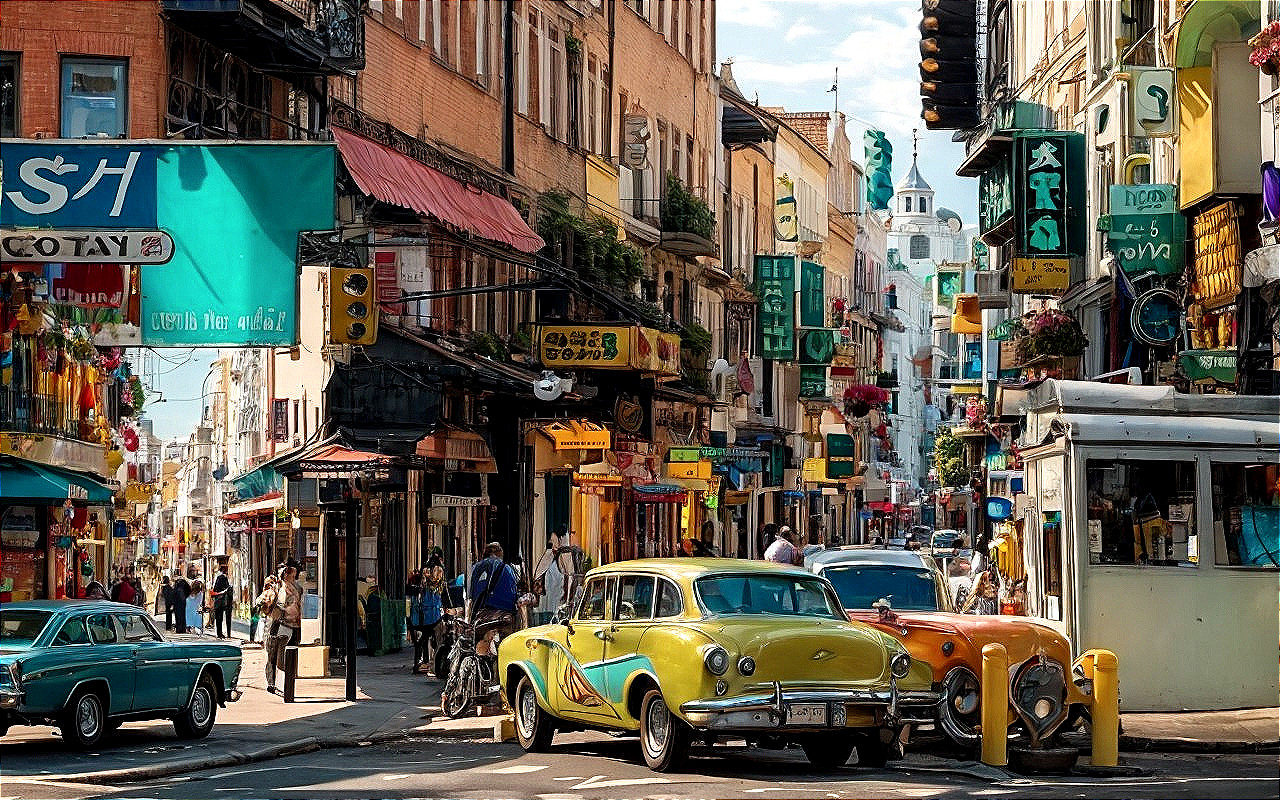 Vintage Cars and Colorful Street Scene with Flowers