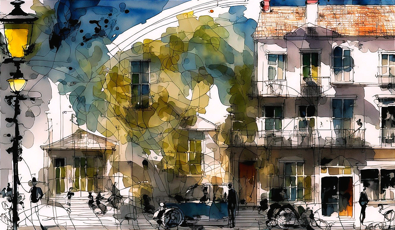 Vibrant Watercolor of a Lively Urban Street Scene