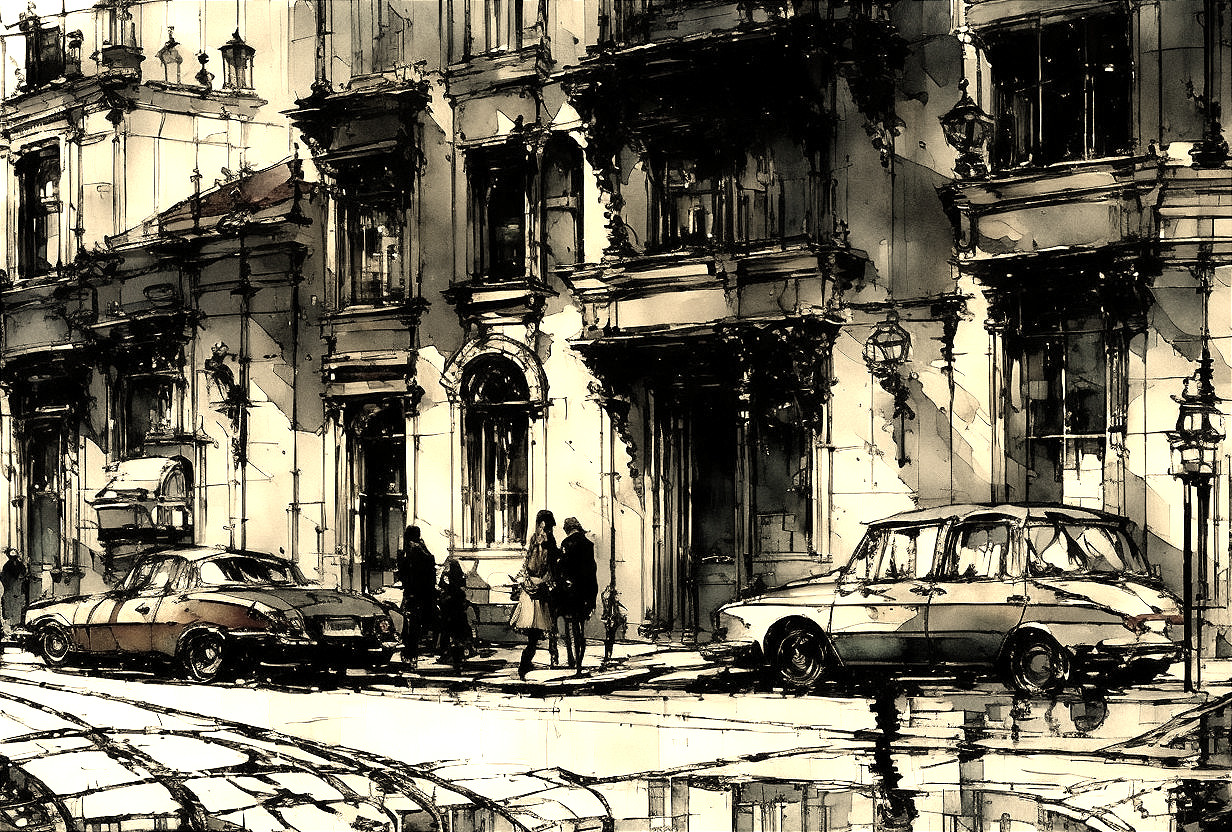 Moody Urban Scene with Vintage Cars and Architecture