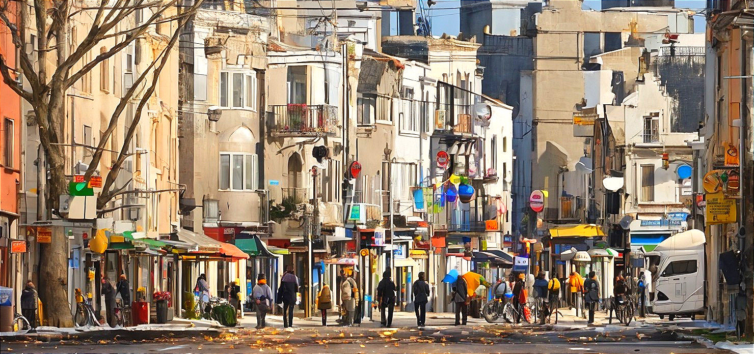 Lively Urban Street Scene with Colorful Storefronts