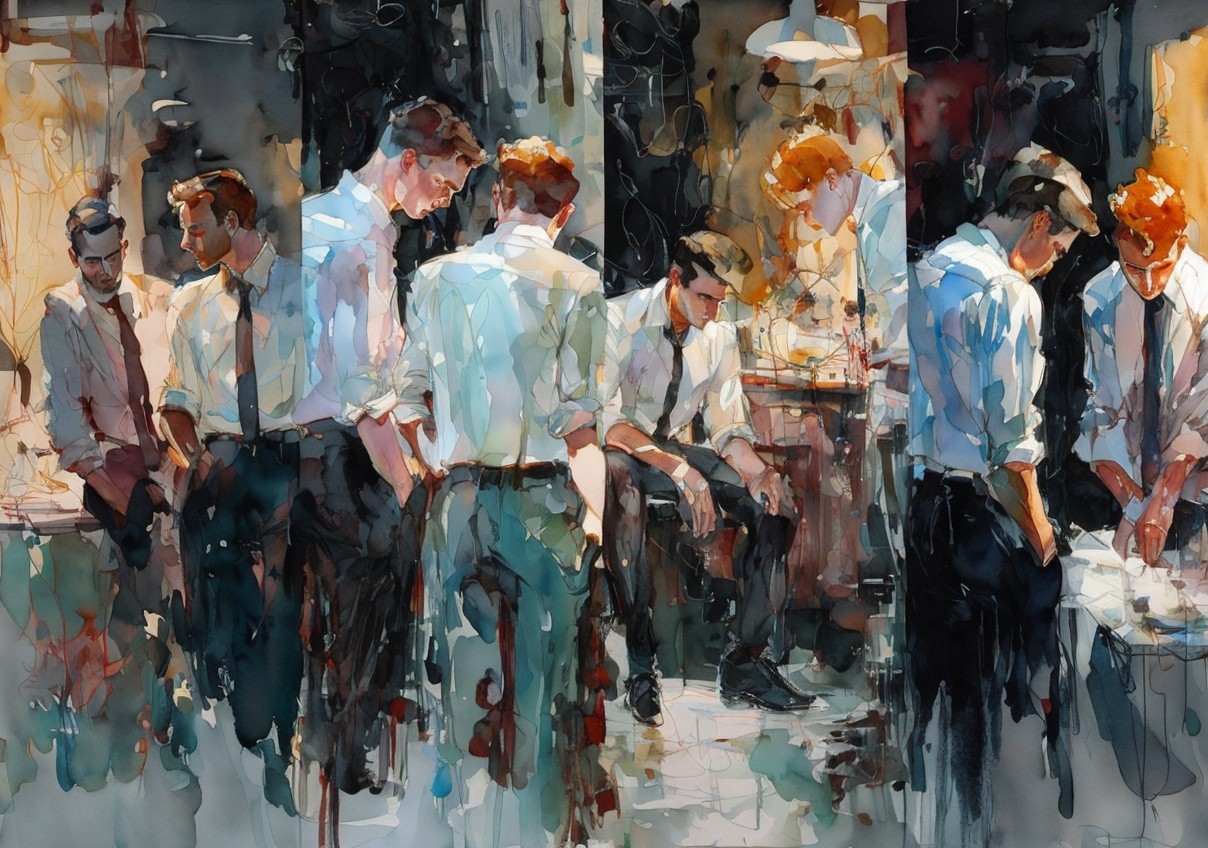 Watercolor Painting of Men in Suits in Conversation