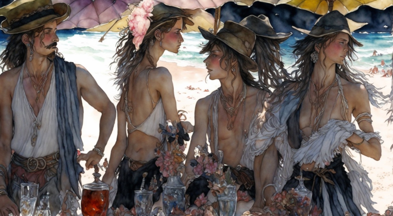 Bohemian Beach Scene with Tropical Drinks and Sunlight