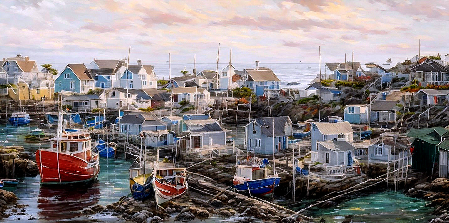 Vibrant Coastal Harbor with Colorful Fishing Boats