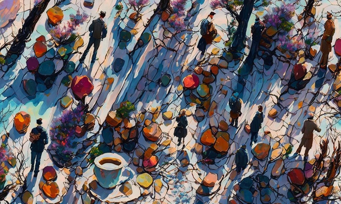 Abstract Landscape with Colorful Stones and Coffee Cup