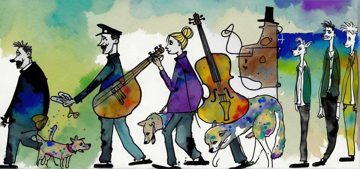 Whimsical Characters in Colorful Watercolor Scene