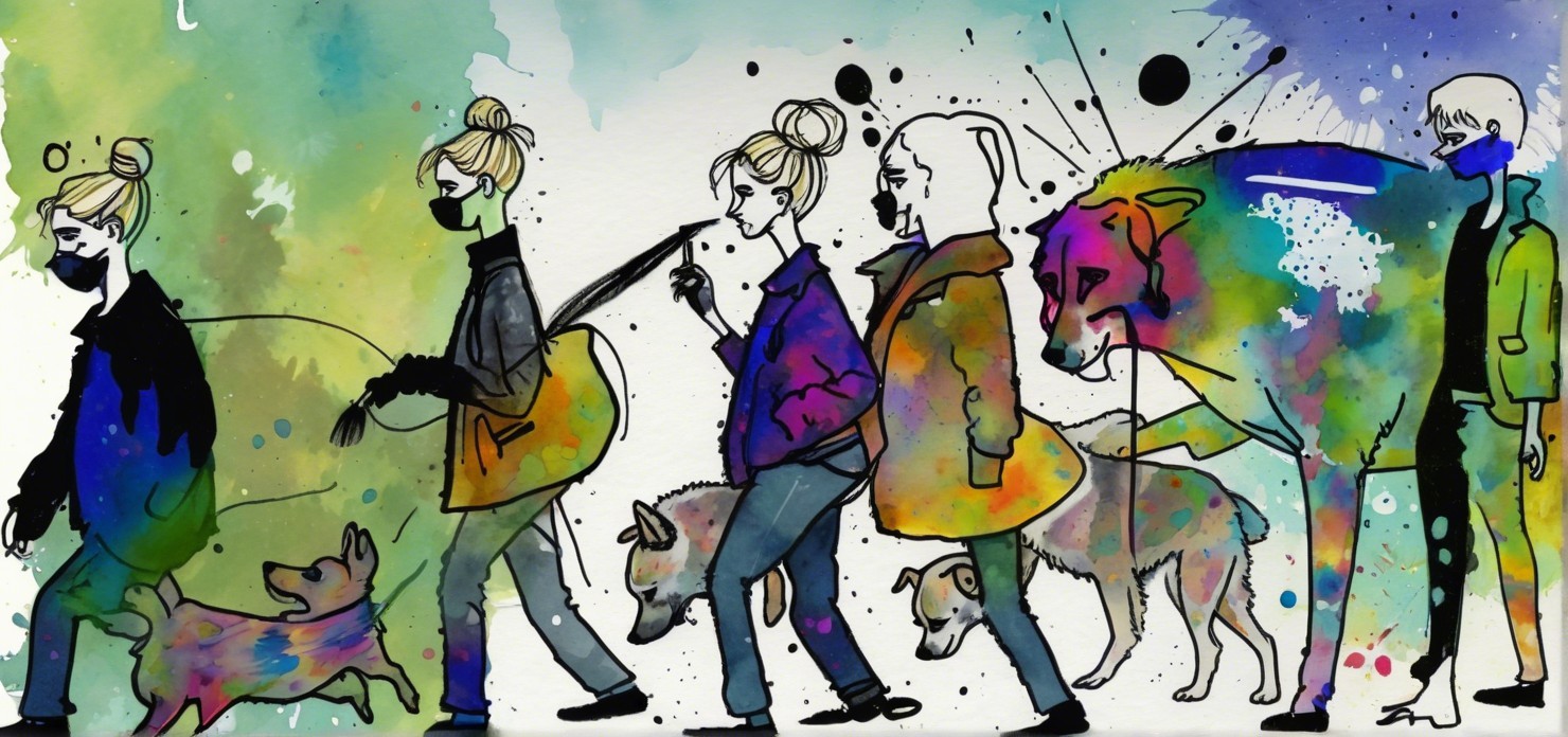 Vibrant Watercolor Illustration of People with Dogs