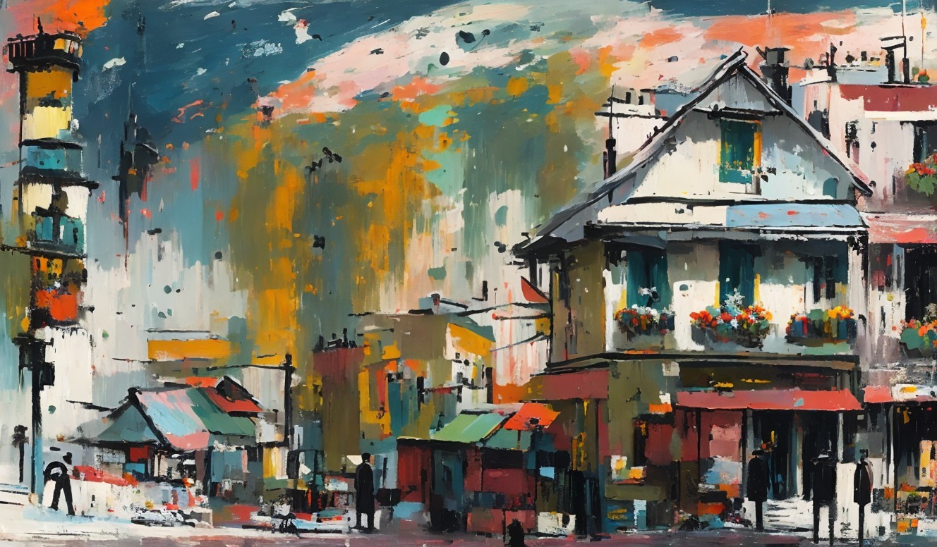 Vibrant Impressionistic Urban Scene with Colorful Buildings