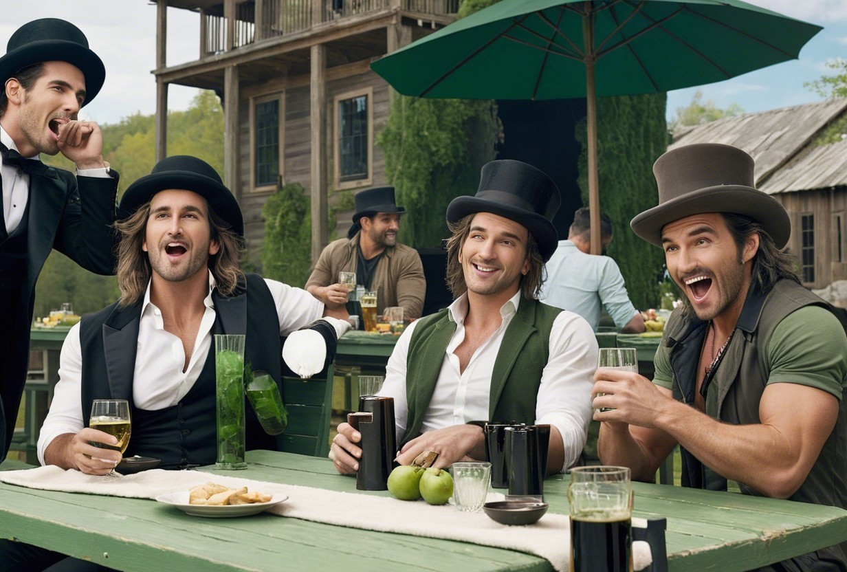 Stylish Men in Top Hats at Rustic Outdoor Bar