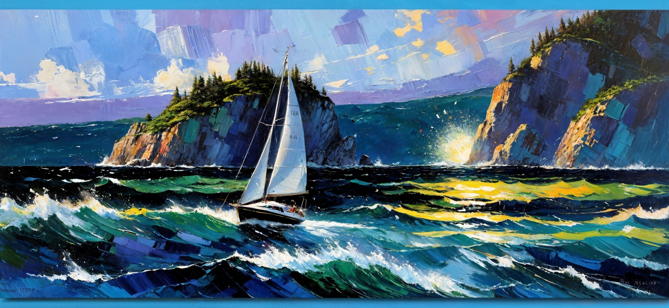 Serene Seascape with Sailboat and Colorful Sunset