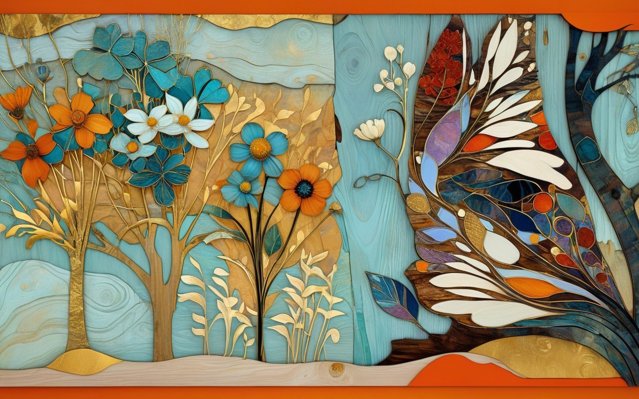 Vibrant Wood Carving of Flowers and Trees in Bold Colors