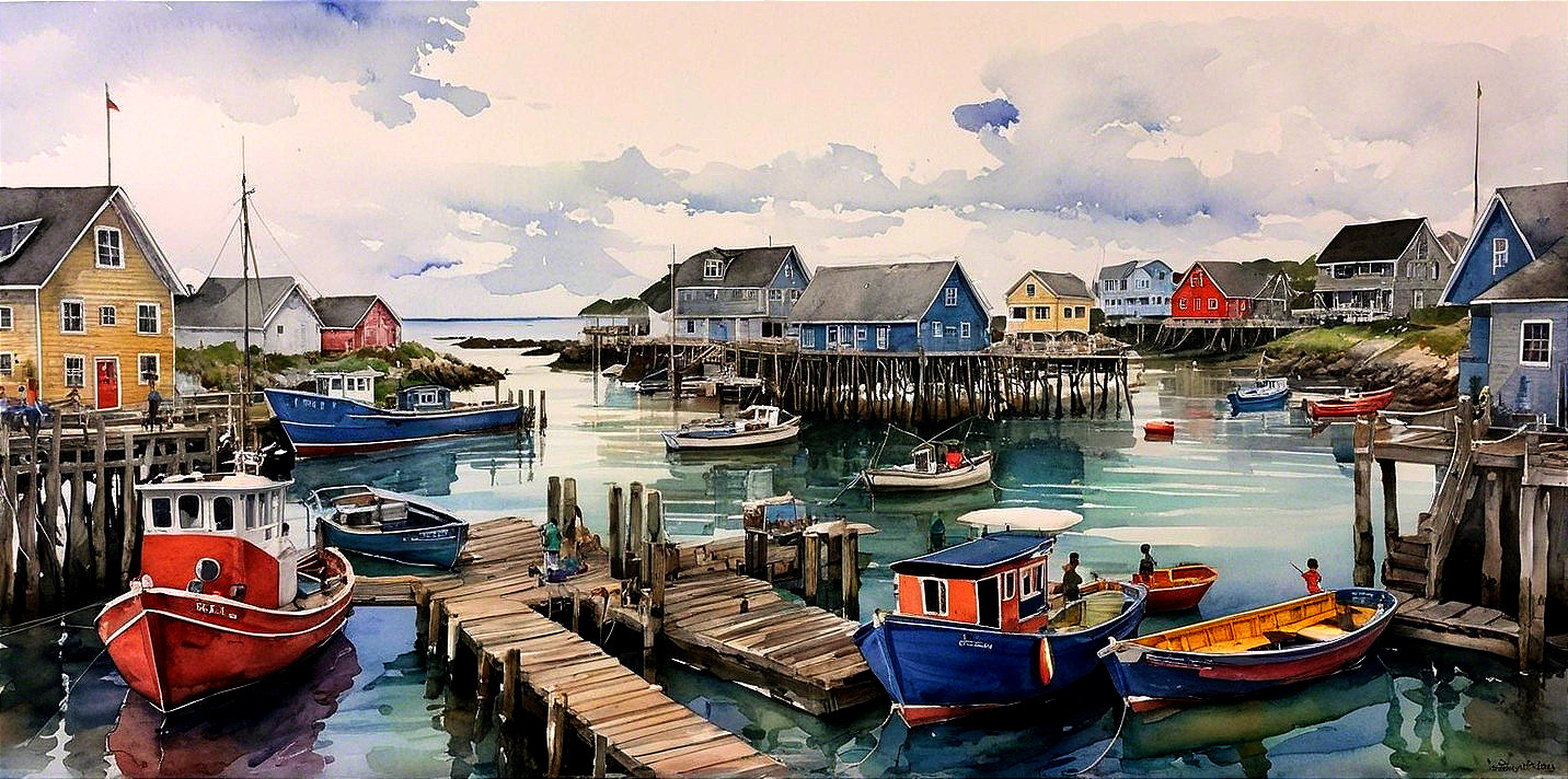 Vibrant Coastal Harbor Scene with Colorful Boats