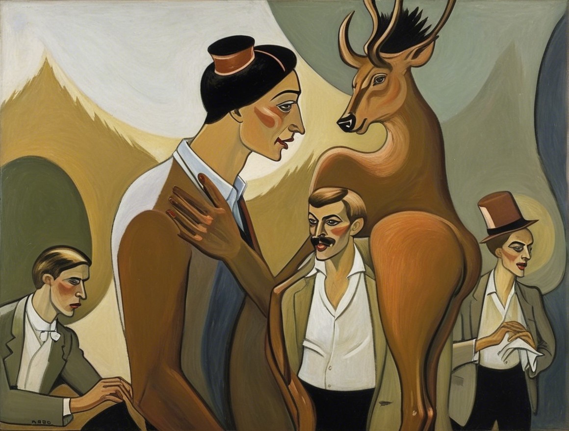 1920s Figures and Deer in Stylized Abstract Art
