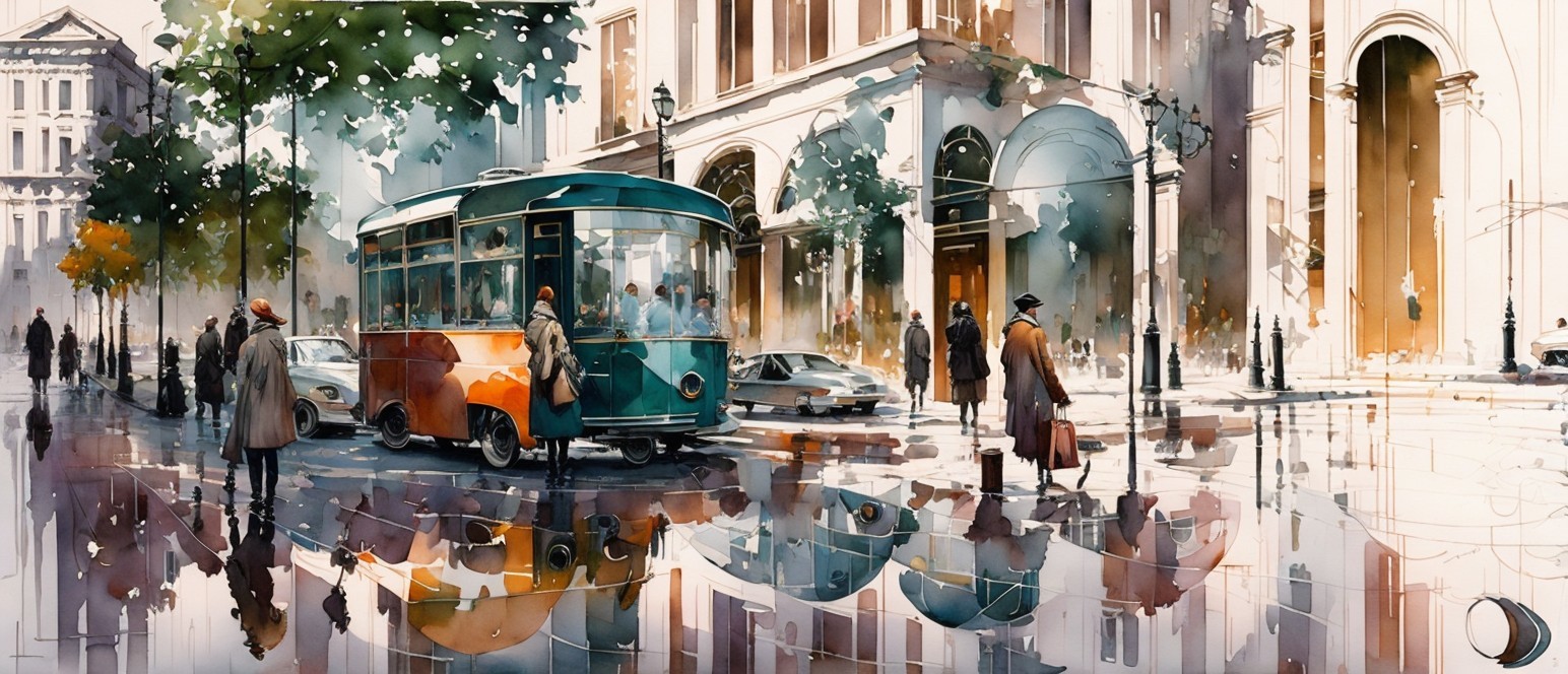 Vibrant City Scene with Tram and Urban Architecture