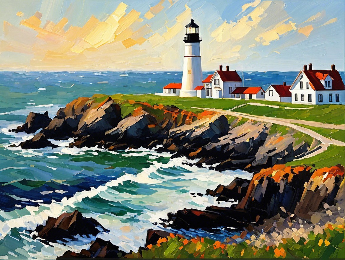 Vibrant Lighthouse on Rocky Coastline at Sunset