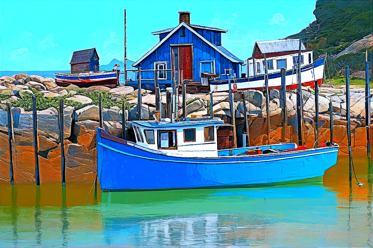 Vibrant Blue Fishing Boat in Calm Coastal Waters