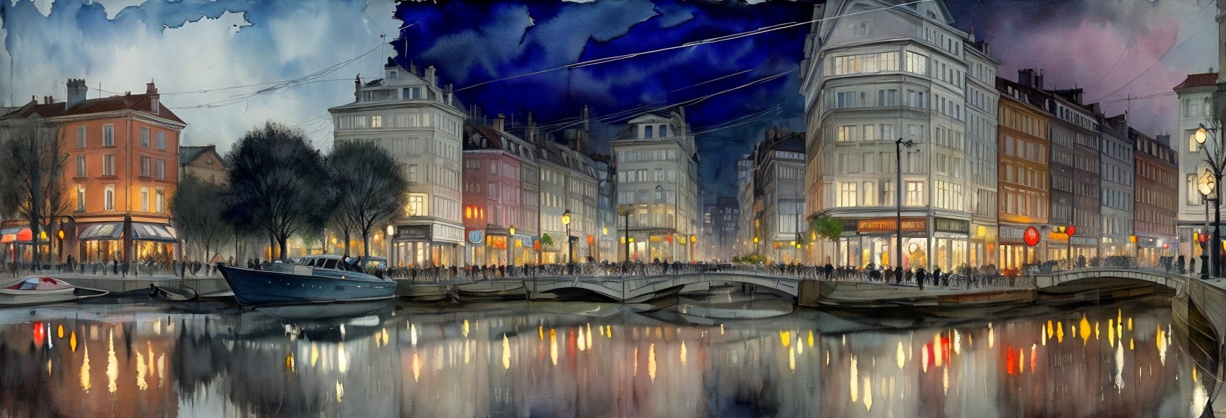 Vibrant Evening Scene of a Lively Canal and Bridge