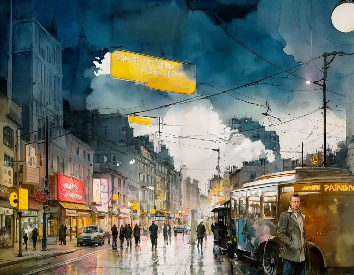 Urban Night Scene with Neon Lights and Vintage Tram