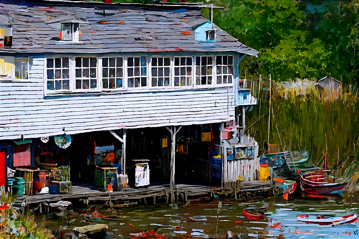 Quaint Seaside Building by Calm Waterway and Boats