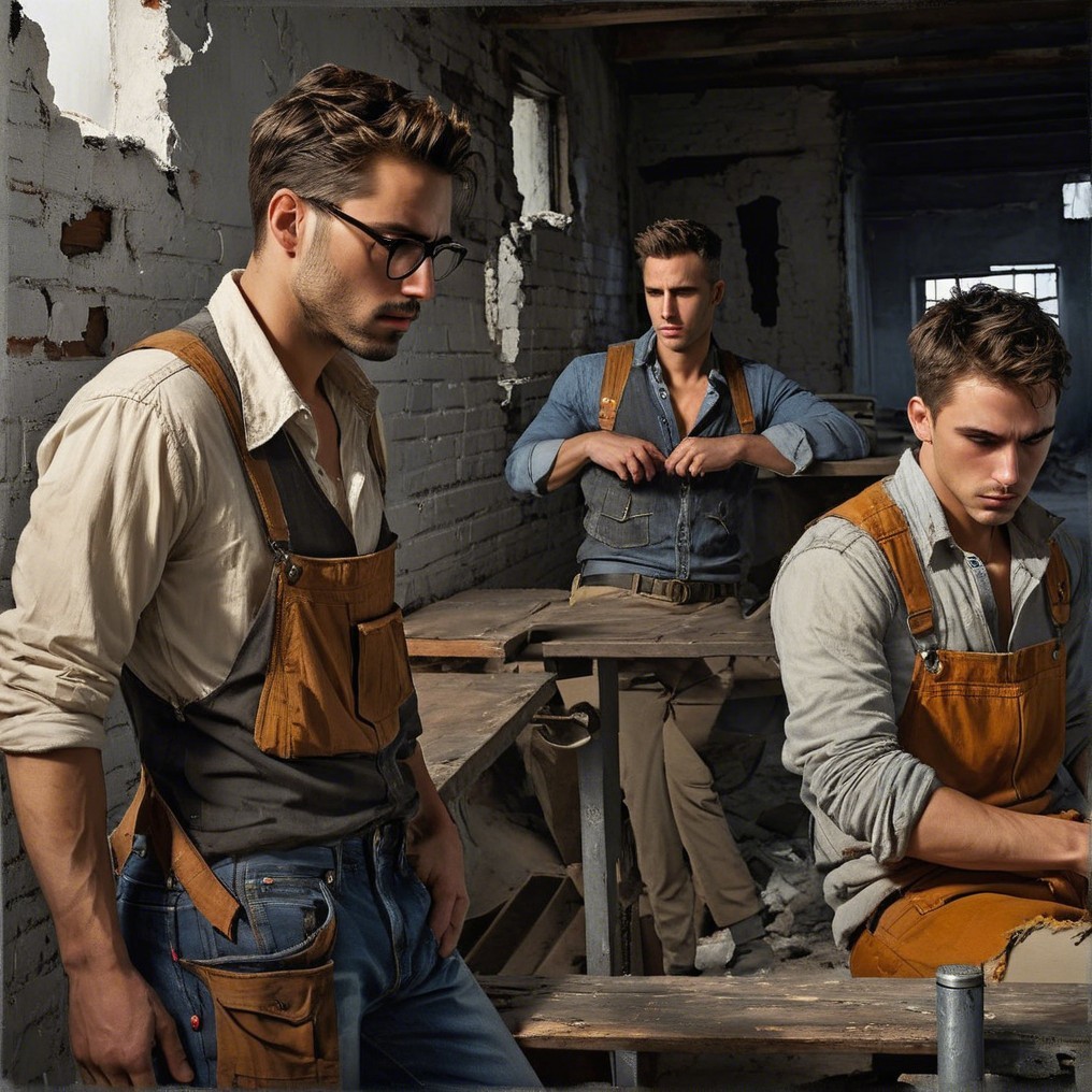 Three Men in Rugged Outfits in Industrial Setting