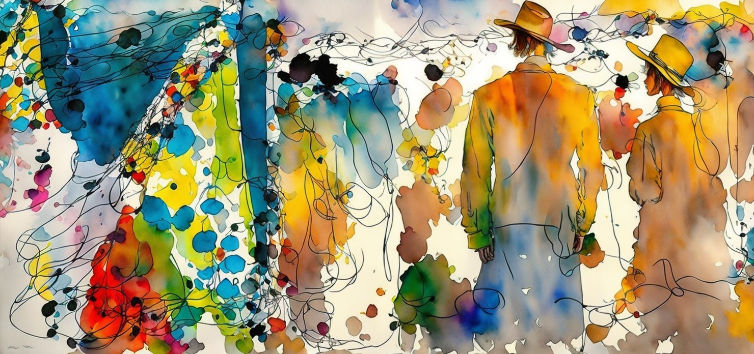 Watercolor Scene of Two Figures in Abstract Landscape