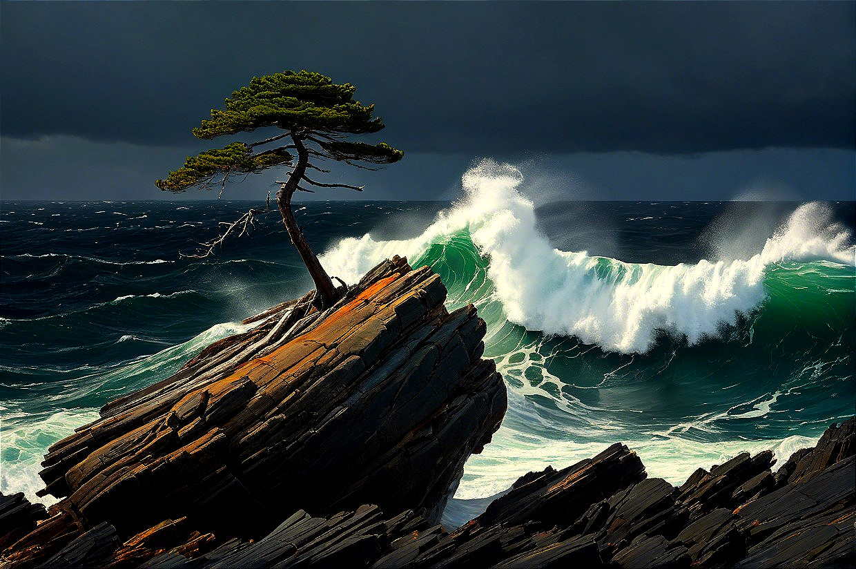 Lone Tree on Rugged Rocks by Turquoise Ocean Waves