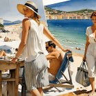 Vibrant Watercolor Beach Scene with People and Ocean