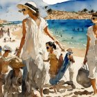 Beach Scene with People and White Buildings