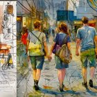 Vibrant Urban Scene with Rainy Street and Umbrellas