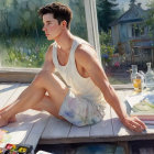 Young Man on Deck in Artistic Garden Setting