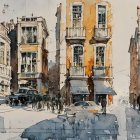 Vibrant Urban Street Scene with Vintage Cars and Buildings