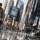 Monochromatic Cityscape with Lone Figure in Rain
