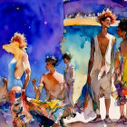 Vibrant Watercolor Celebration with Elegant Figures