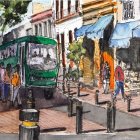 Vibrant City Scene with Pedestrians and Traffic