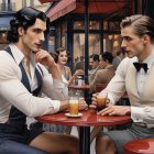 Young men in vintage attire at a cafe table