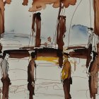 Abstract Watercolor Scene with Vintage Figures Outdoors