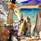 Vibrant Beach Scene with Sunbathers and Scenic Cliffs