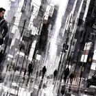 Monochromatic City Street Scene with Urban Architecture
