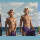 Muscular Men Posed in Minimalist Setting with Lighting