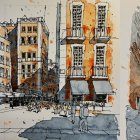 Vibrant Watercolor Cityscape with Charming Architecture