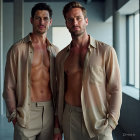 Young men in stylish shirts in elegant interior setting
