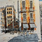 Charming Watercolor Cityscape with Lively Street Scene