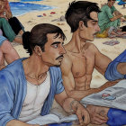 Men discussing map at beachfront cafe amidst beach scene.