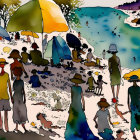 Vibrant Beach Scene with Sunbathers and Umbrellas