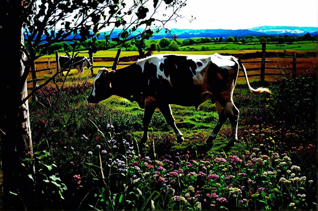Tranquil Countryside Scene with Cow in Meadow